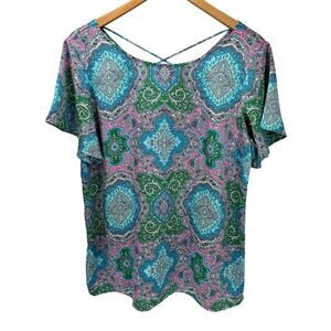 Talbots Blouse Womens Large Paisley Boho Short Sleeve Pink Blue Green Side Zip